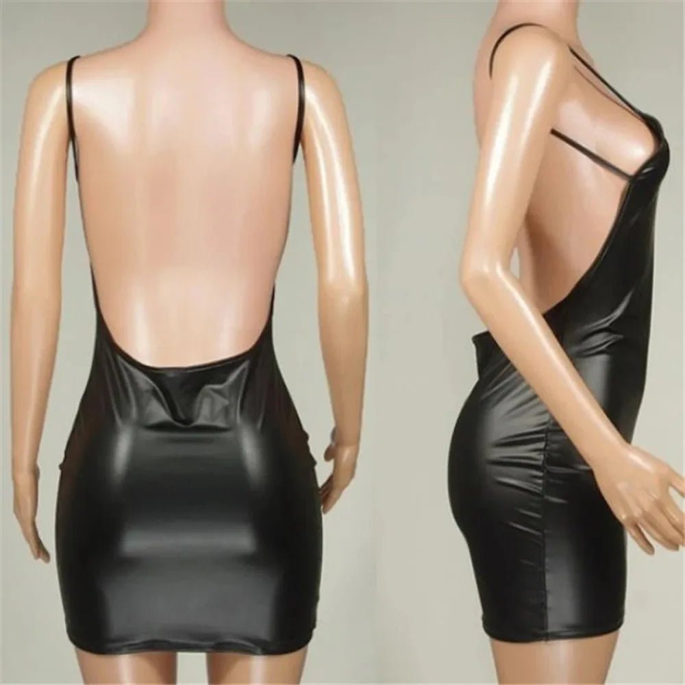 Vestido Sexy de piel sintética con espalda descubierta para fiesta y discoteca, Vestido corto liso negro con aspecto húmedo, ceñido al cuerpo de látex, sujetador de realce, Mini Micro vestido - VibraStore