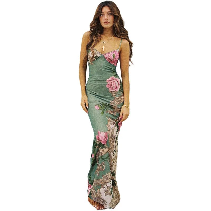 Vestido sin mangas con tirantes y estampado Floral, vestido elegante de verano para mujer, vestido Halter para fiesta en la playa, vestidos largos ajustados con cuello en V a la moda para mujer - VibraStore