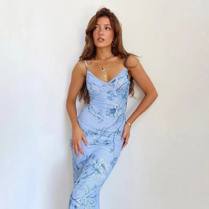 Vestido sin mangas con tirantes y estampado Floral, vestido elegante de verano para mujer, vestido Halter para fiesta en la playa, vestidos largos ajustados con cuello en V a la moda para mujer - VibraStore