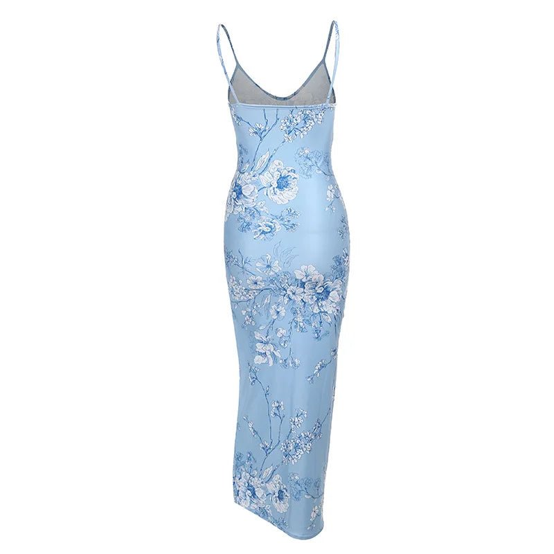 Vestido sin mangas con tirantes y estampado Floral, vestido elegante de verano para mujer, vestido Halter para fiesta en la playa, vestidos largos ajustados con cuello en V a la moda para mujer - VibraStore