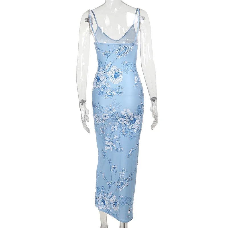 Vestido sin mangas con tirantes y estampado Floral, vestido elegante de verano para mujer, vestido Halter para fiesta en la playa, vestidos largos ajustados con cuello en V a la moda para mujer - VibraStore