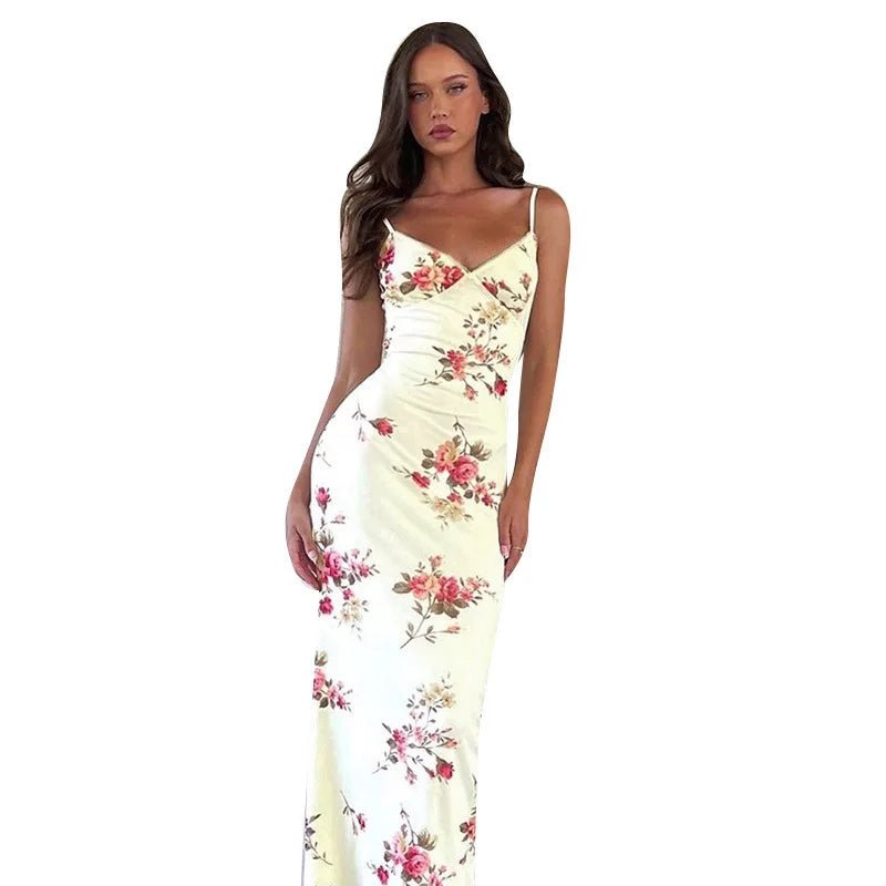 Vestido sin mangas con tirantes y estampado Floral, vestido elegante de verano para mujer, vestido Halter para fiesta en la playa, vestidos largos ajustados con cuello en V a la moda para mujer - VibraStore