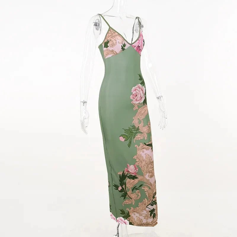 Vestido sin mangas con tirantes y estampado Floral, vestido elegante de verano para mujer, vestido Halter para fiesta en la playa, vestidos largos ajustados con cuello en V a la moda para mujer - VibraStore