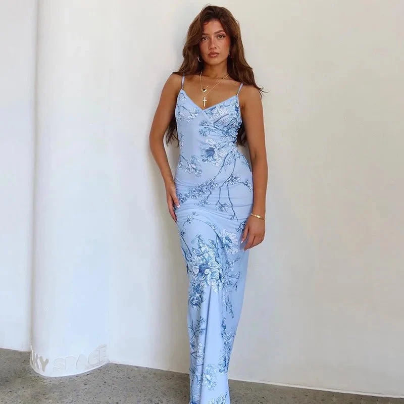 Vestido sin mangas con tirantes y estampado Floral, vestido elegante de verano para mujer, vestido Halter para fiesta en la playa, vestidos largos ajustados con cuello en V a la moda para mujer - VibraStore