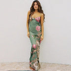 Vestido sin mangas con tirantes y estampado Floral, vestido elegante de verano para mujer, vestido Halter para fiesta en la playa, vestidos largos ajustados con cuello en V a la moda para mujer - VibraStore
