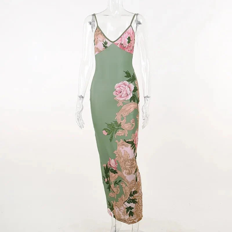 Vestido sin mangas con tirantes y estampado Floral, vestido elegante de verano para mujer, vestido Halter para fiesta en la playa, vestidos largos ajustados con cuello en V a la moda para mujer - VibraStore