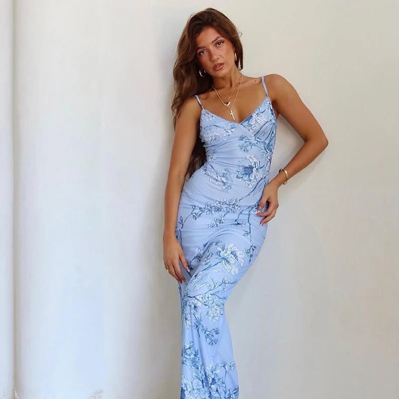 Vestido sin mangas con tirantes y estampado Floral, vestido elegante de verano para mujer, vestido Halter para fiesta en la playa, vestidos largos ajustados con cuello en V a la moda para mujer - VibraStore