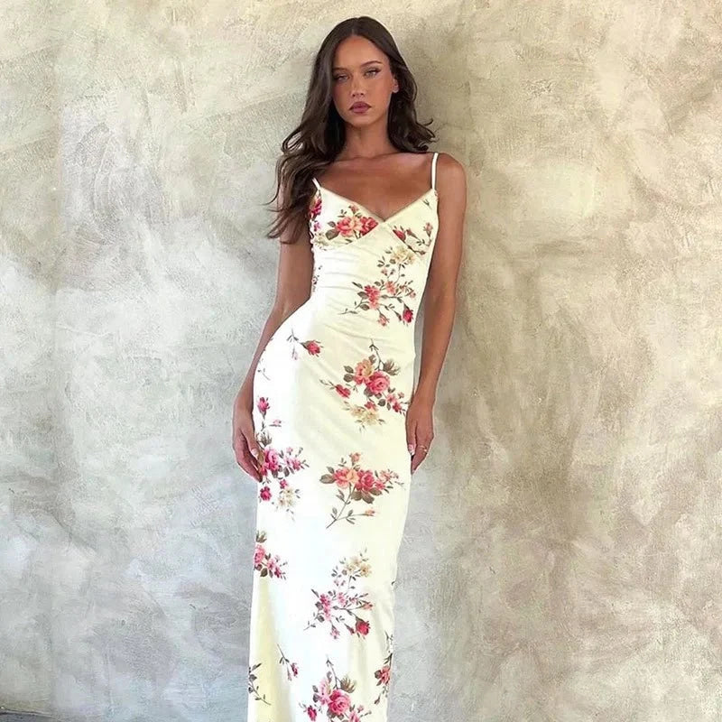 Vestido sin mangas con tirantes y estampado Floral, vestido elegante de verano para mujer, vestido Halter para fiesta en la playa, vestidos largos ajustados con cuello en V a la moda para mujer - VibraStore