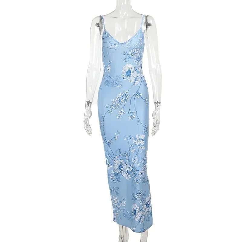 Vestido sin mangas con tirantes y estampado Floral, vestido elegante de verano para mujer, vestido Halter para fiesta en la playa, vestidos largos ajustados con cuello en V a la moda para mujer - VibraStore
