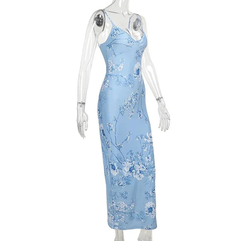 Vestido sin mangas con tirantes y estampado Floral, vestido elegante de verano para mujer, vestido Halter para fiesta en la playa, vestidos largos ajustados con cuello en V a la moda para mujer - VibraStore