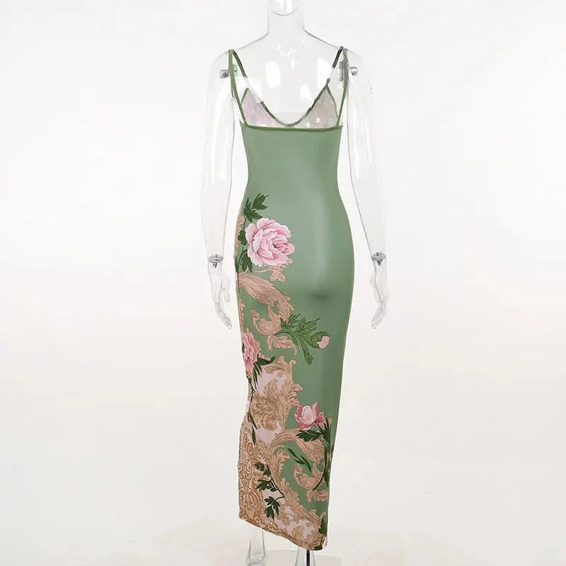 Vestido sin mangas con tirantes y estampado Floral, vestido elegante de verano para mujer, vestido Halter para fiesta en la playa, vestidos largos ajustados con cuello en V a la moda para mujer - VibraStore