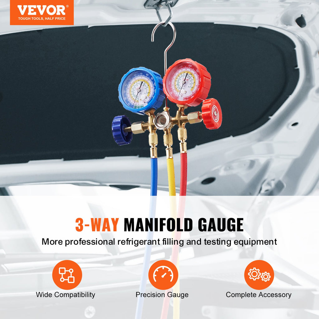 VEVOR AC Gauge Set - 3 Way AC Manifold Gauge Set For R134A R22 R12 R502 Refrigerant, Freon Gauges With 5ft Hoses, Couplers, Can Tap Works On Car Auto Freon Charging And Evacuation - VibraStore