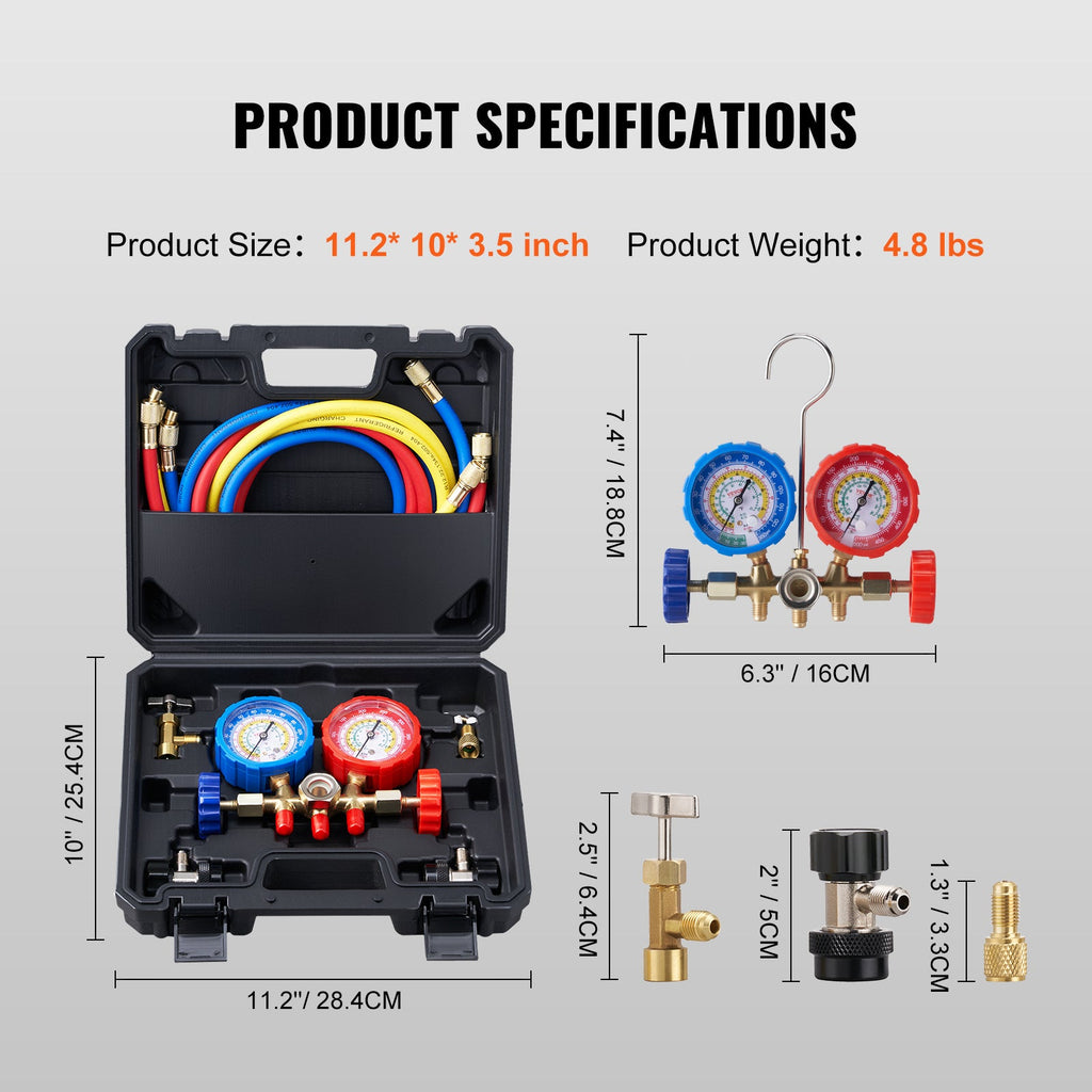 VEVOR AC Gauge Set - 3 Way AC Manifold Gauge Set For R134A R22 R12 R502 Refrigerant, Freon Gauges With 5ft Hoses, Couplers, Can Tap Works On Car Auto Freon Charging And Evacuation - VibraStore
