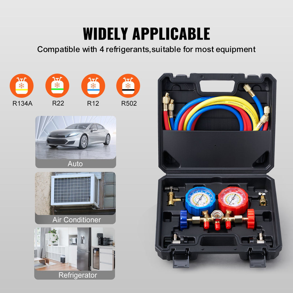 VEVOR AC Gauge Set - 3 Way AC Manifold Gauge Set For R134A R22 R12 R502 Refrigerant, Freon Gauges With 5ft Hoses, Couplers, Can Tap Works On Car Auto Freon Charging And Evacuation - VibraStore