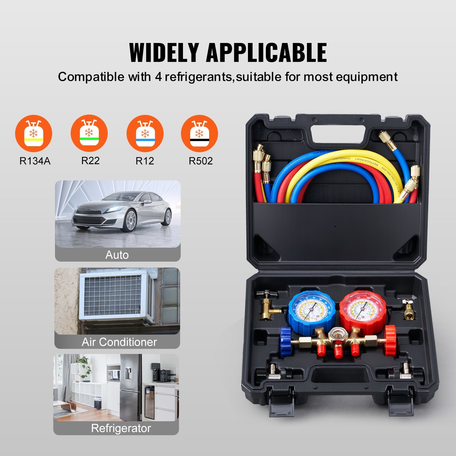 VEVOR AC Gauge Set - 3 Way AC Manifold Gauge Set For R134A R22 R12 R502 Refrigerant, Freon Gauges With 5ft Hoses, Couplers, Can Tap Works On Car Auto Freon Charging And Evacuation - VibraStore