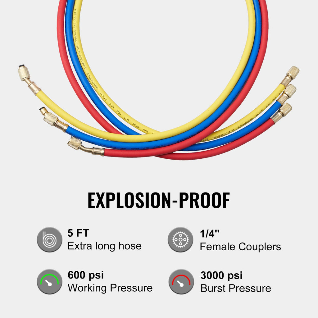 VEVOR AC Gauge Set - 3 Way AC Manifold Gauge Set For R134A R22 R12 R502 Refrigerant, Freon Gauges With 5ft Hoses, Couplers, Can Tap Works On Car Auto Freon Charging And Evacuation - VibraStore
