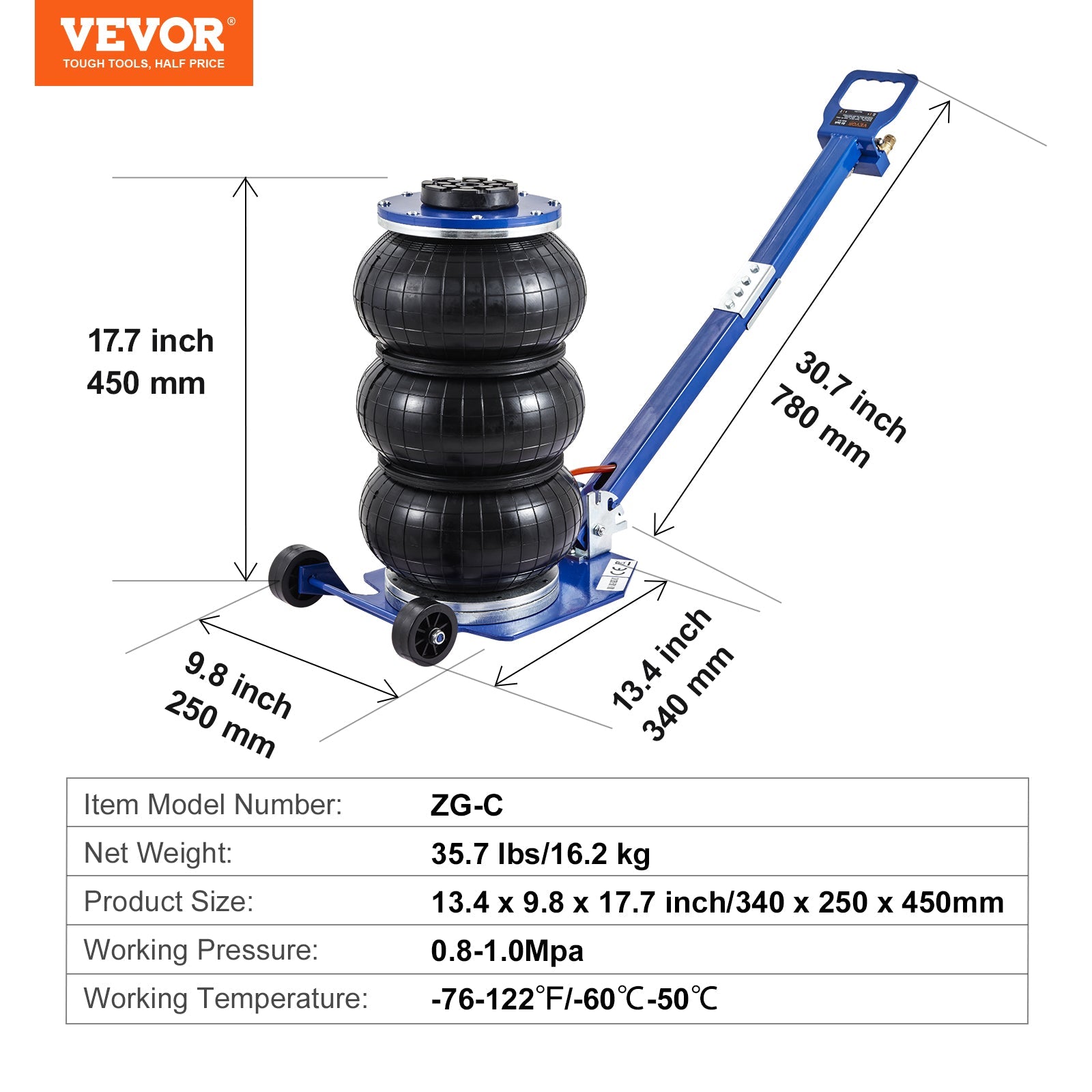 VEVOR Air Jack, 3 Ton 6600 Lbs Triple Bag Air Jack, Airbag Jack With Six Steel Pipes, Lift Up, 3 - 5 S Fast Lifting Pneumatic Jack, With Adjustable Long Handles For Cars, Garages, Repair Blue - VibraStore