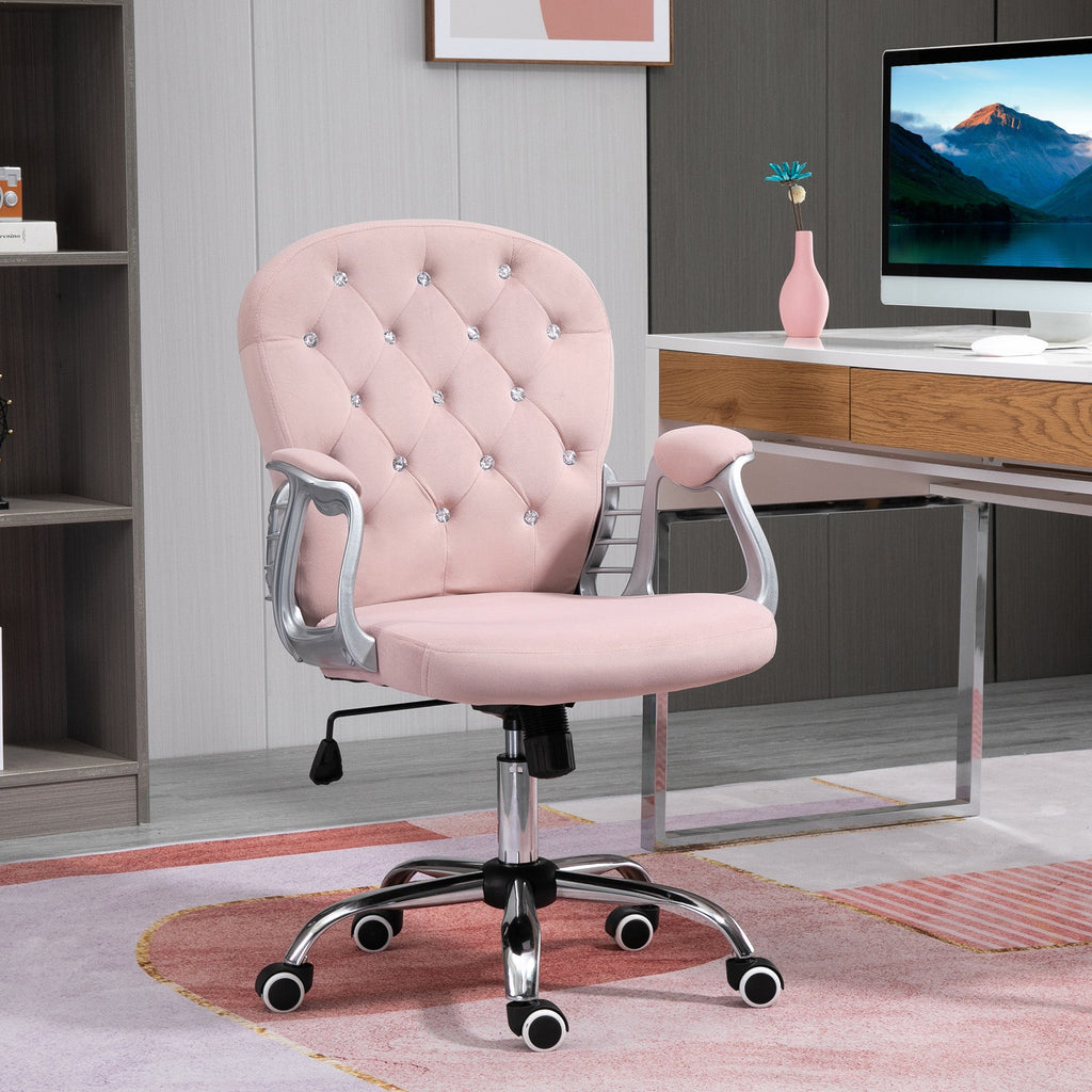 Vinsetto Office Chair, Swivel Desk Chair, Velvet Vanity Chair With Adjustable Height And Rolling Wheels For Home Work Study, Pink - VibraStore