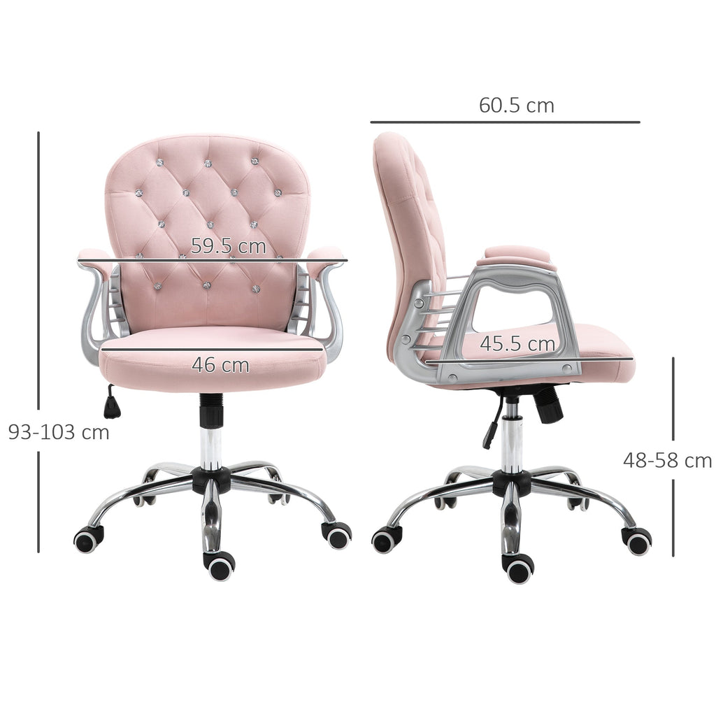 Vinsetto Office Chair, Swivel Desk Chair, Velvet Vanity Chair With Adjustable Height And Rolling Wheels For Home Work Study, Pink - VibraStore