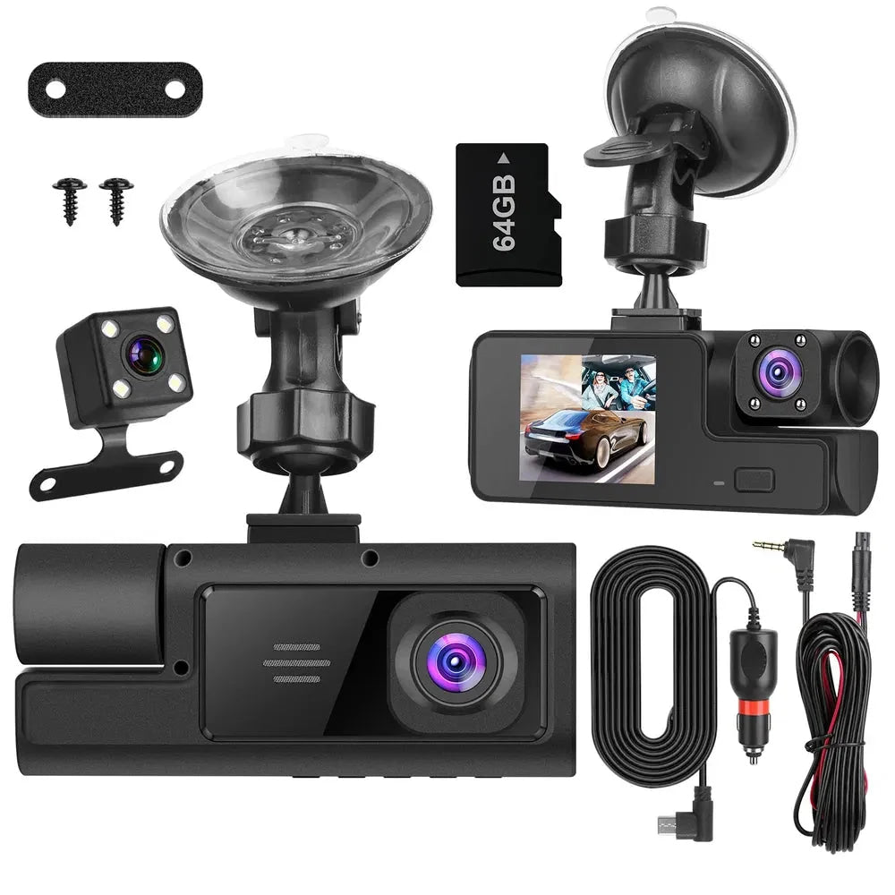 WiFi FHD 1080P Car Dash Cam 3 Channels Front Rear Inside Dash Camera With Loop Recording Reversing Visual 170° Wide Angle 64G Card Included - VibraStore