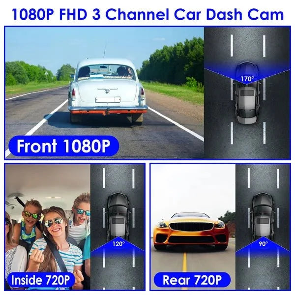 WiFi FHD 1080P Car Dash Cam 3 Channels Front Rear Inside Dash Camera With Loop Recording Reversing Visual 170° Wide Angle 64G Card Included - VibraStore