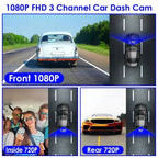WiFi FHD 1080P Car Dash Cam 3 Channels Front Rear Inside Dash Camera With Loop Recording Reversing Visual 170° Wide Angle 64G Card Included - VibraStore