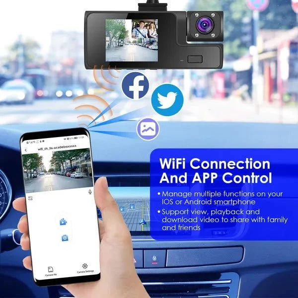 WiFi FHD 1080P Car Dash Cam 3 Channels Front Rear Inside Dash Camera With Loop Recording Reversing Visual 170° Wide Angle 64G Card Included - VibraStore