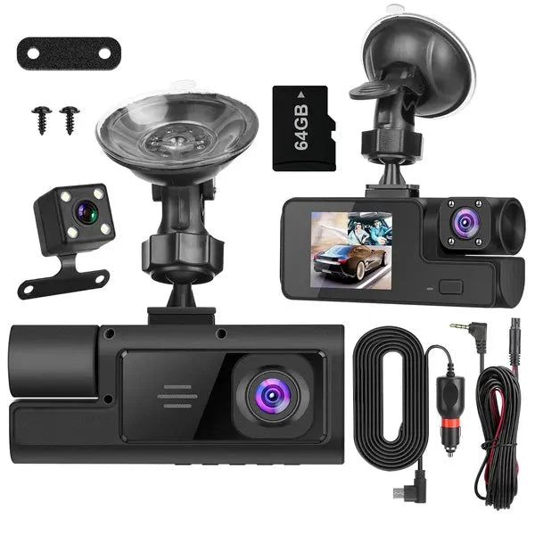 WiFi FHD 1080P Car Dash Cam 3 Channels Front Rear Inside Dash Camera With Loop Recording Reversing Visual 170° Wide Angle 64G Card Included - VibraStore