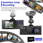 WiFi FHD 1080P Car Dash Cam 3 Channels Front Rear Inside Dash Camera With Loop Recording Reversing Visual 170° Wide Angle 64G Card Included - VibraStore