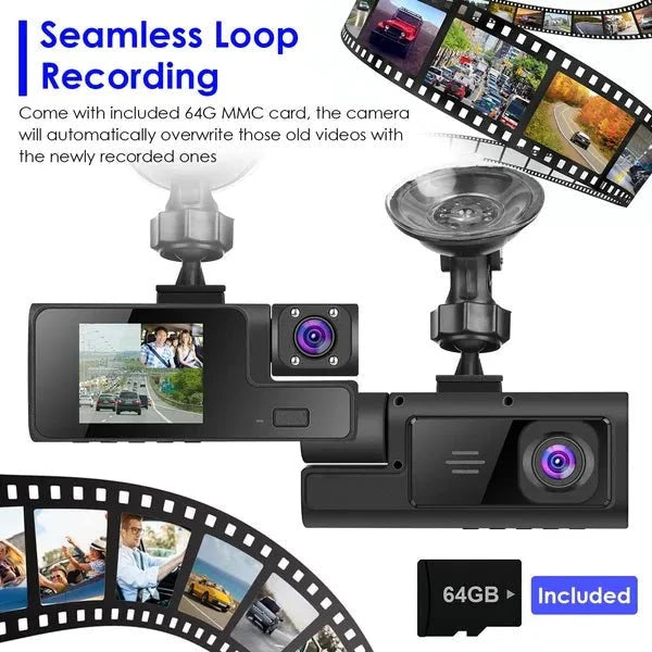 WiFi FHD 1080P Car Dash Cam 3 Channels Front Rear Inside Dash Camera With Loop Recording Reversing Visual 170° Wide Angle 64G Card Included - VibraStore