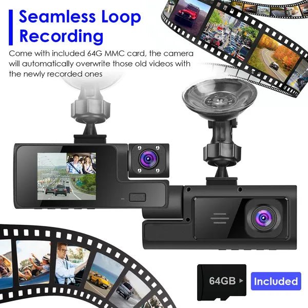 WiFi FHD 1080P Car Dash Cam 3 Channels Front Rear Inside Dash Camera With Loop Recording Reversing Visual 170° Wide Angle 64G Card Included - VibraStore