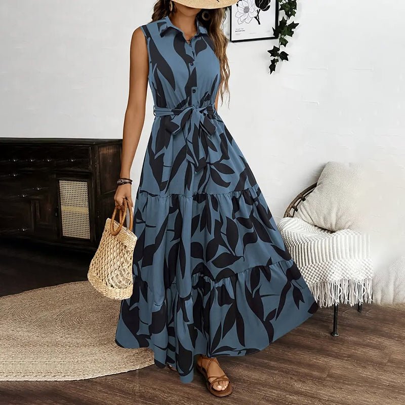 Women Sleeveless Boho Floral Maxi Dress Summer Button Shirt V Neck Flowy Belted Beach Vacation Dresses - VibraStore