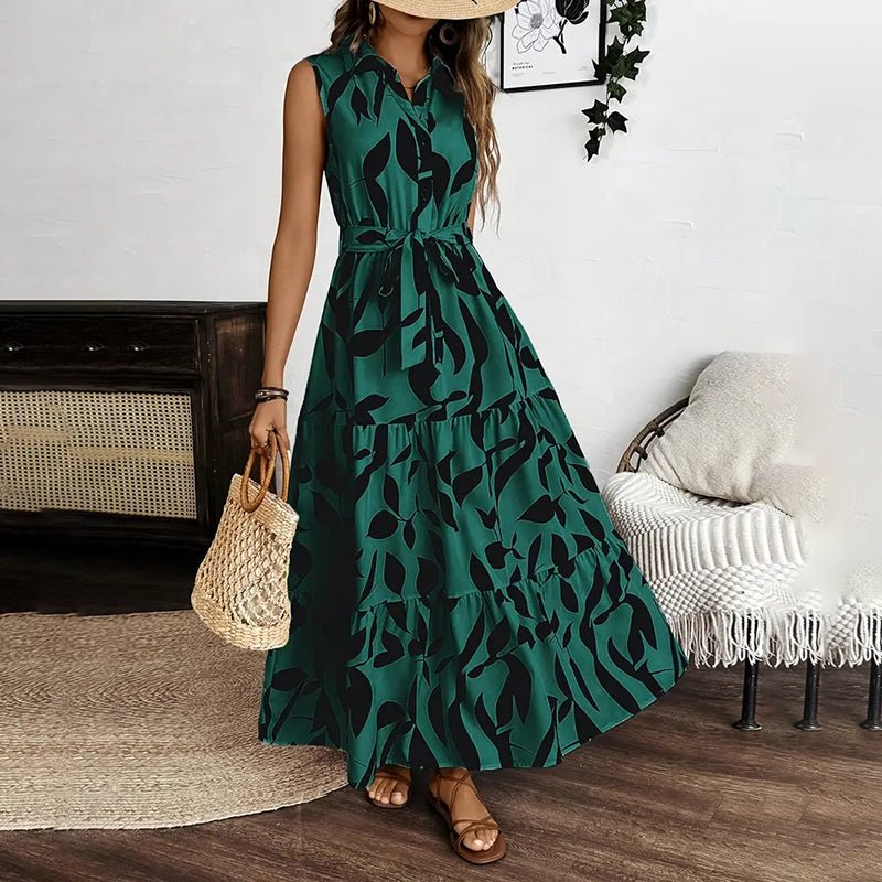 Women Sleeveless Boho Floral Maxi Dress Summer Button Shirt V Neck Flowy Belted Beach Vacation Dresses - VibraStore
