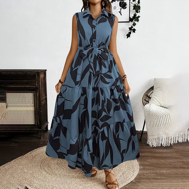 Women Sleeveless Boho Floral Maxi Dress Summer Button Shirt V Neck Flowy Belted Beach Vacation Dresses - VibraStore