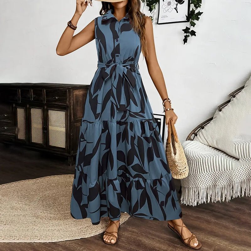 Women Sleeveless Boho Floral Maxi Dress Summer Button Shirt V Neck Flowy Belted Beach Vacation Dresses - VibraStore