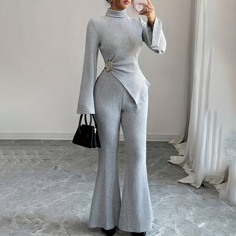Womens 2 Piece Outfits Turtleneck Matching Lounge Set Flare Sleeve Asymmetrical Top & Wide Leg Pants - VibraStore