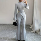 Womens 2 Piece Outfits Turtleneck Matching Lounge Set Flare Sleeve Asymmetrical Top & Wide Leg Pants - VibraStore