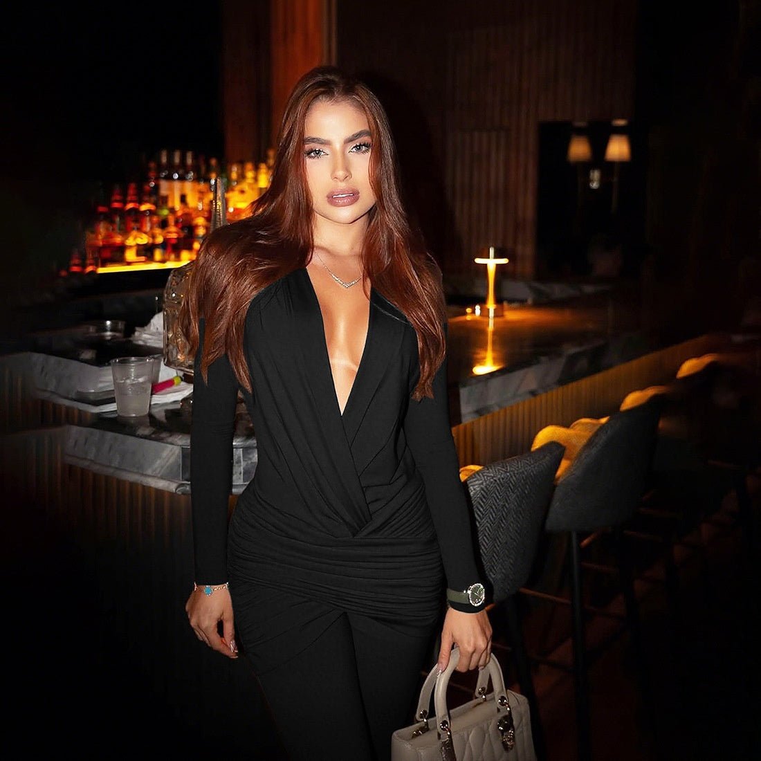 Women's Fashion Sexy Deep V Long Sleeve Slim Fit Flared Jumpsuit - VibraStore