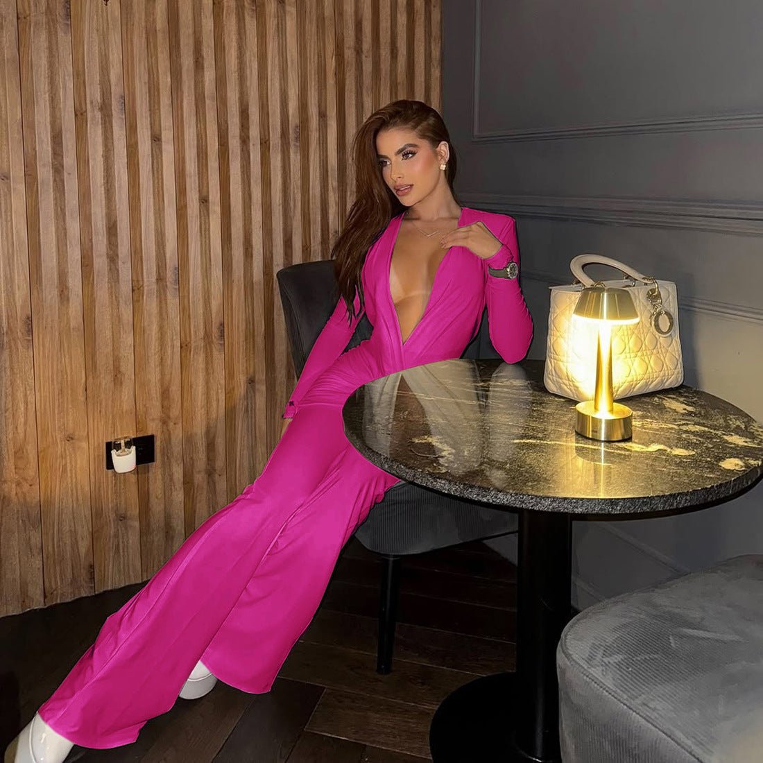 Women's Fashion Sexy Deep V Long Sleeve Slim Fit Flared Jumpsuit - VibraStore