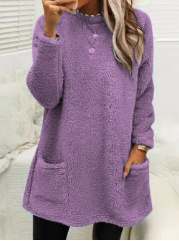 Women's Fleece Pullover Long Sweater With Pockets Winter Warm Thinken Sweatershirt Casual Long Sleeve Plush Tops Hoodie Coat Streetwear Fall Loose Outfits Hoodie Tops - VibraStore