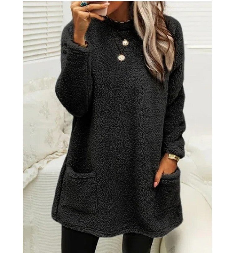 Women's Fleece Pullover Long Sweater With Pockets Winter Warm Thinken Sweatershirt Casual Long Sleeve Plush Tops Hoodie Coat Streetwear Fall Loose Outfits Hoodie Tops - VibraStore