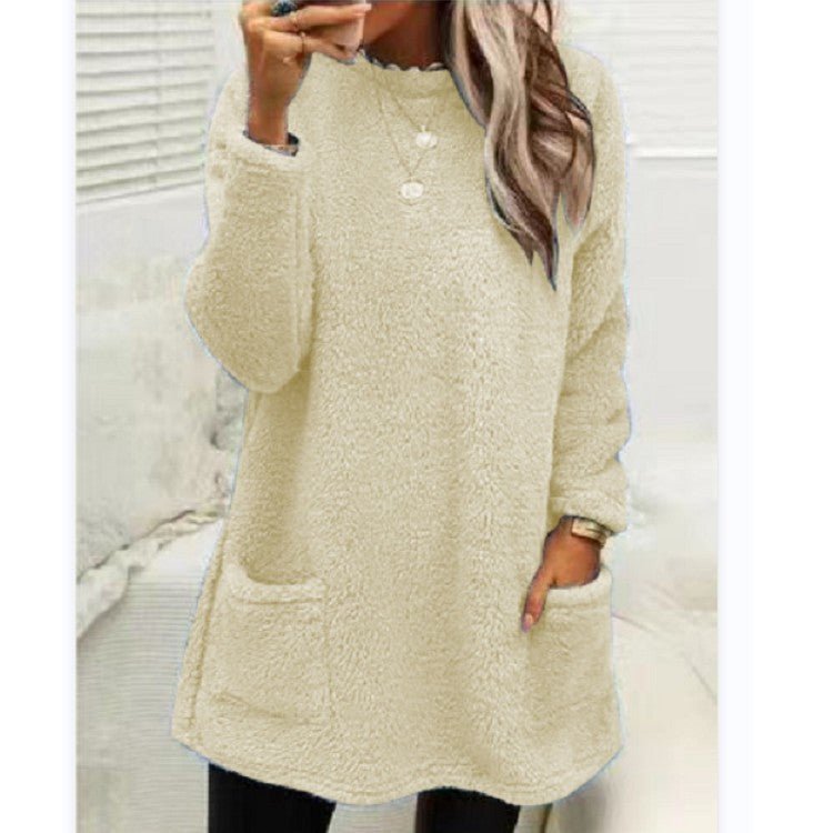 Women's Fleece Pullover Long Sweater With Pockets Winter Warm Thinken Sweatershirt Casual Long Sleeve Plush Tops Hoodie Coat Streetwear Fall Loose Outfits Hoodie Tops - VibraStore