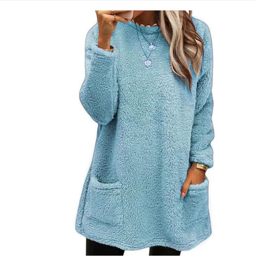 Women's Fleece Pullover Long Sweater With Pockets Winter Warm Thinken Sweatershirt Casual Long Sleeve Plush Tops Hoodie Coat Streetwear Fall Loose Outfits Hoodie Tops - VibraStore