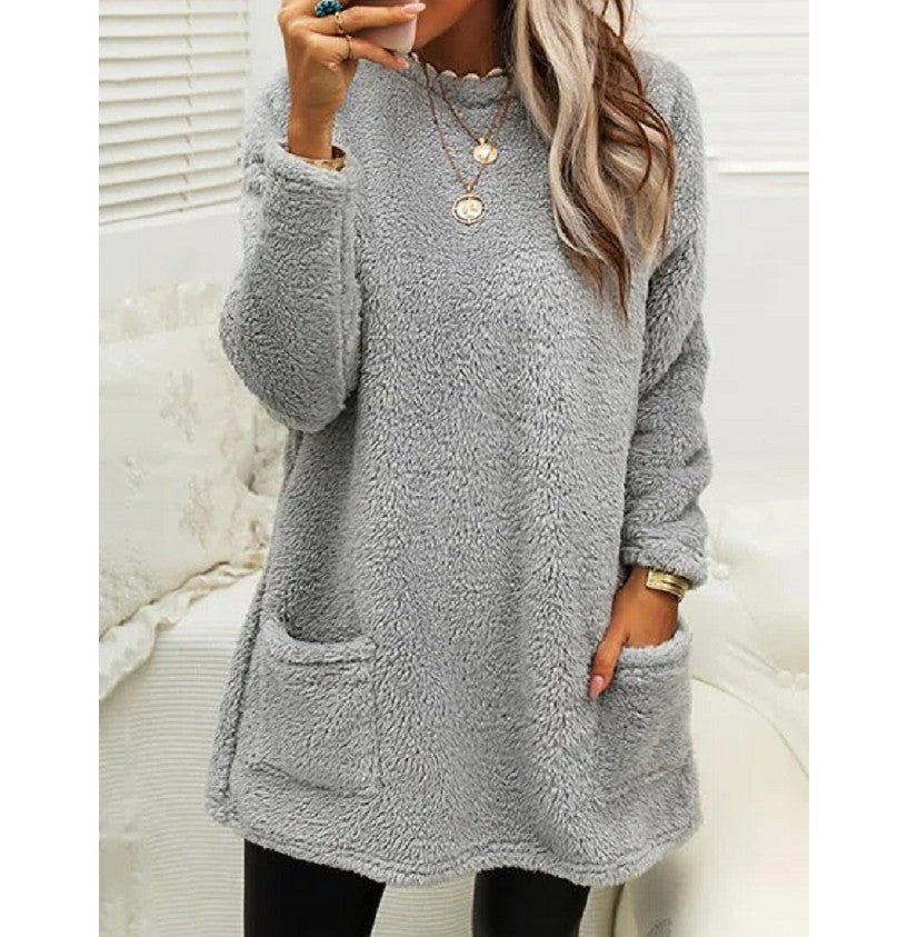 Women's Fleece Pullover Long Sweater With Pockets Winter Warm Thinken Sweatershirt Casual Long Sleeve Plush Tops Hoodie Coat Streetwear Fall Loose Outfits Hoodie Tops - VibraStore