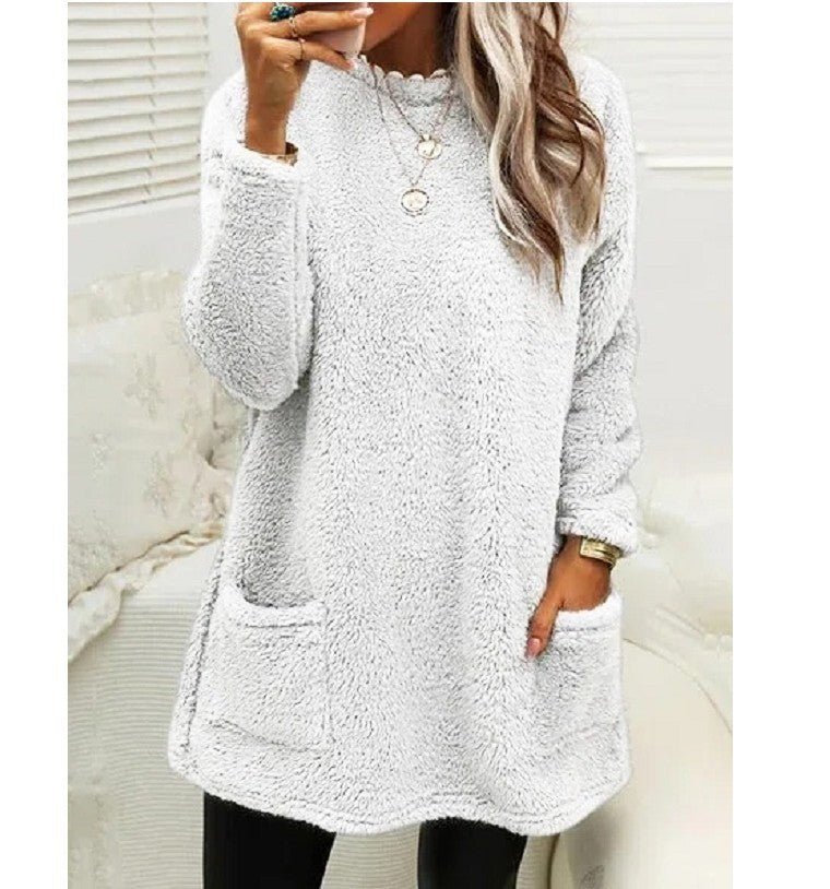 Women's Fleece Pullover Long Sweater With Pockets Winter Warm Thinken Sweatershirt Casual Long Sleeve Plush Tops Hoodie Coat Streetwear Fall Loose Outfits Hoodie Tops - VibraStore