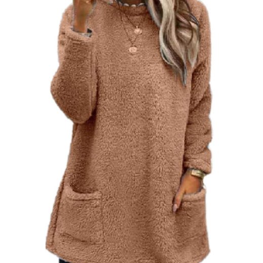 Women's Fleece Pullover Long Sweater With Pockets Winter Warm Thinken Sweatershirt Casual Long Sleeve Plush Tops Hoodie Coat Streetwear Fall Loose Outfits Hoodie Tops - VibraStore