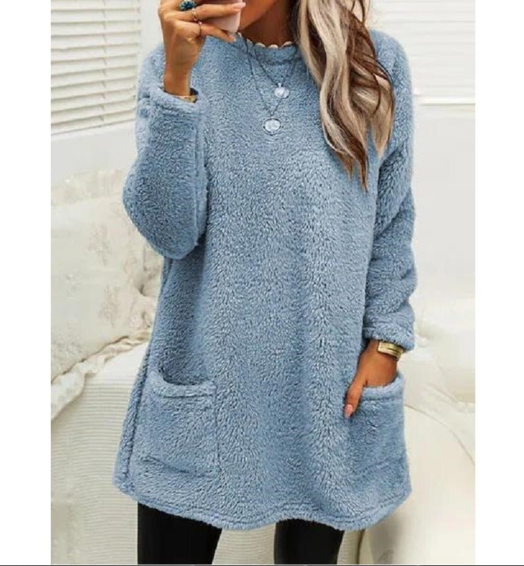 Women's Fleece Pullover Long Sweater With Pockets Winter Warm Thinken Sweatershirt Casual Long Sleeve Plush Tops Hoodie Coat Streetwear Fall Loose Outfits Hoodie Tops - VibraStore