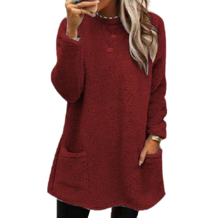 Women's Fleece Pullover Long Sweater With Pockets Winter Warm Thinken Sweatershirt Casual Long Sleeve Plush Tops Hoodie Coat Streetwear Fall Loose Outfits Hoodie Tops - VibraStore