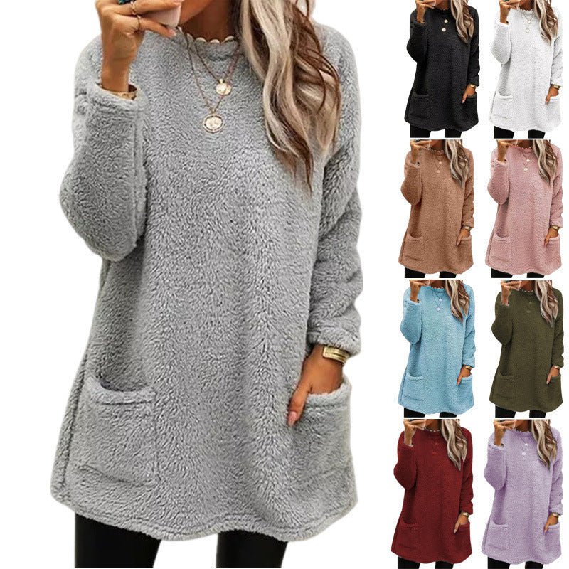 Women's Fleece Pullover Long Sweater With Pockets Winter Warm Thinken Sweatershirt Casual Long Sleeve Plush Tops Hoodie Coat Streetwear Fall Loose Outfits Hoodie Tops - VibraStore