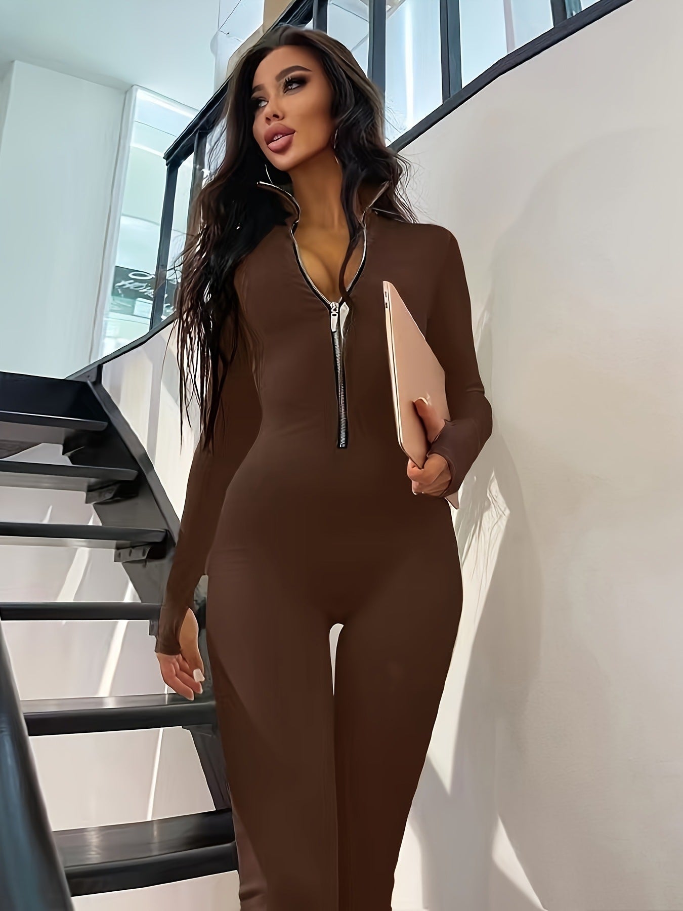 Women's Long Sleeve Jumpsuit With Long Metal Zipper For Autumn And Winter - VibraStore